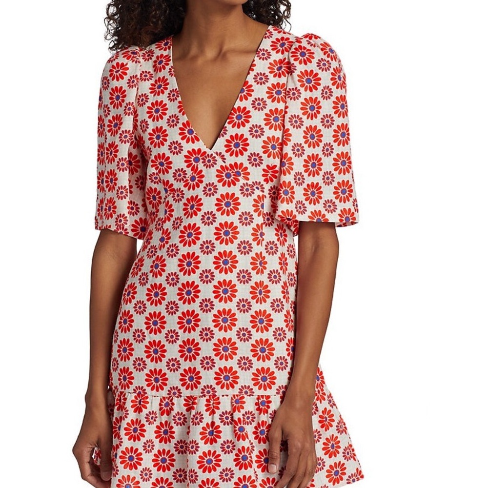 RHODE Red and White Puff Sleeve Midi Dress